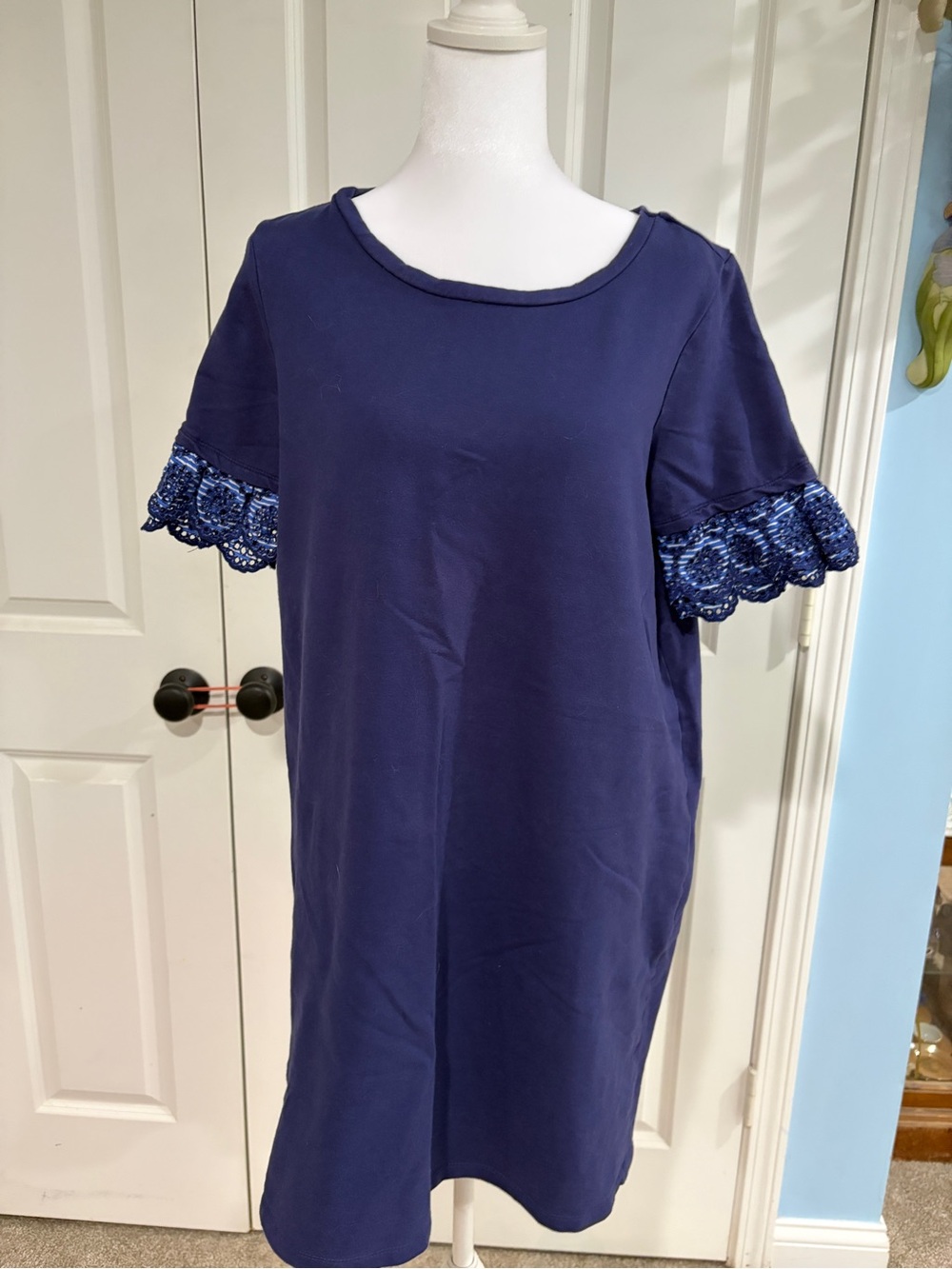 Ella me Rose Navy Short Sleeve Dress with Lace Trim